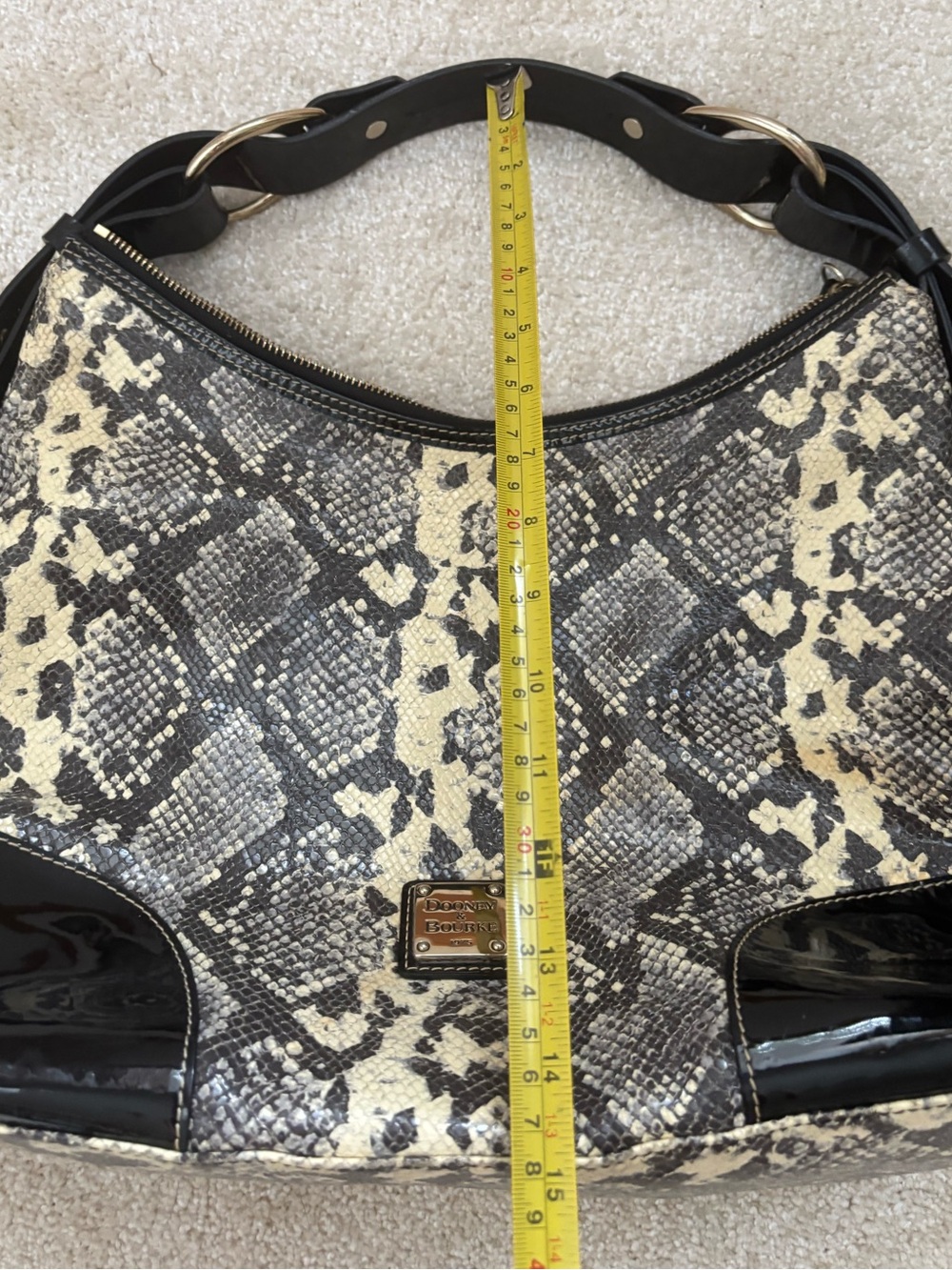 Dooney & Bourne Black/Cream Snake-Skin Print Leather Hobo Bag w Patent Leather - Picture 13 of 16